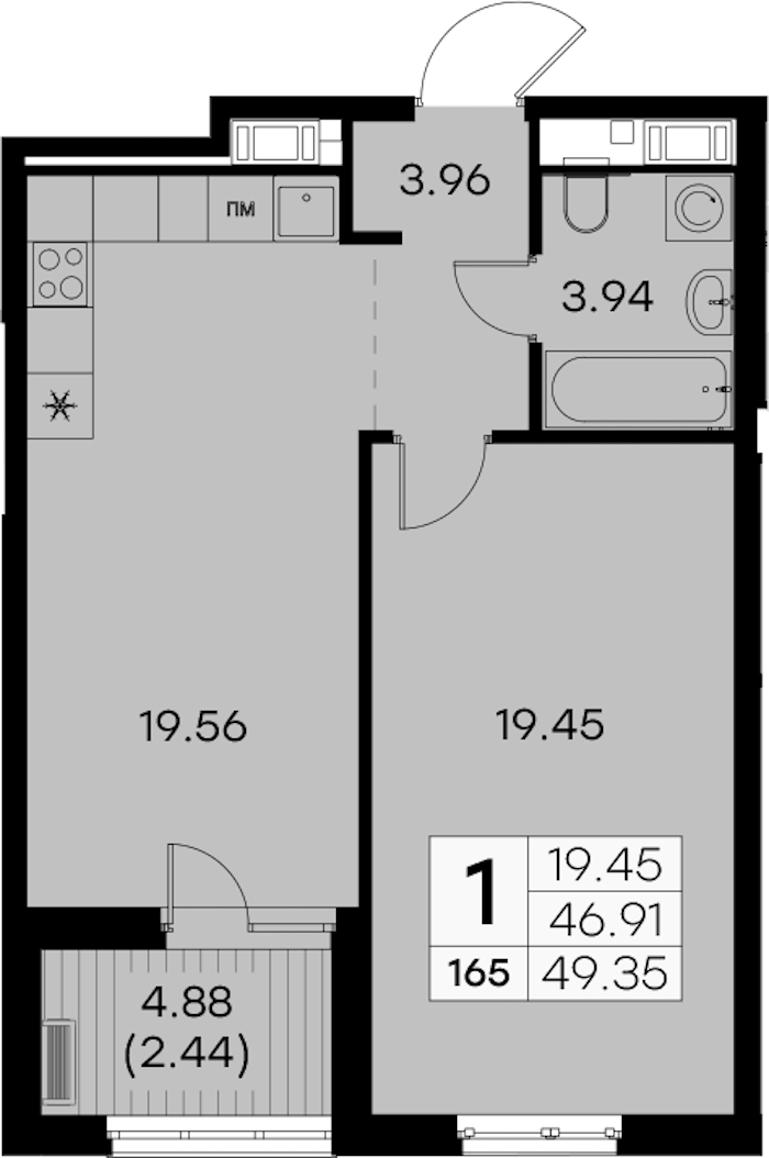 1-комнатная квартира 49.35 м², 4/7 эт., ЖК «Glorax City Балтийская»